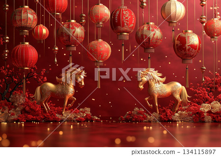 Vibrant Chinese New Year Celebration with Lanterns and Fireworks. AI Vibrant Chinese New Year Celebration with Lanterns and Fireworks. AI 134115897