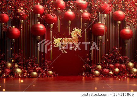 Vibrant Chinese New Year Celebration with Lanterns and Fireworks. AI 134115909