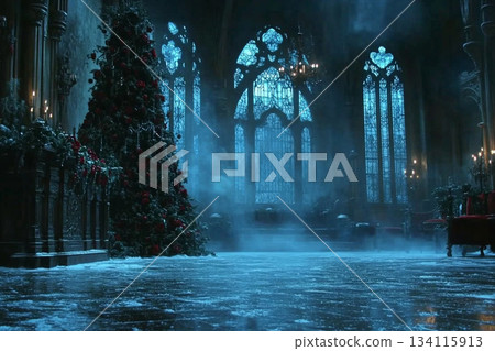 Gothic Christmas Interior with Black Trees, Crosses, and Grand Halls. AI 134115913