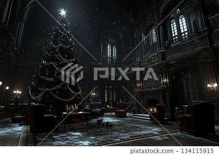 Gothic Christmas Interior with Black Trees, Crosses, and Grand Halls. AI 134115915