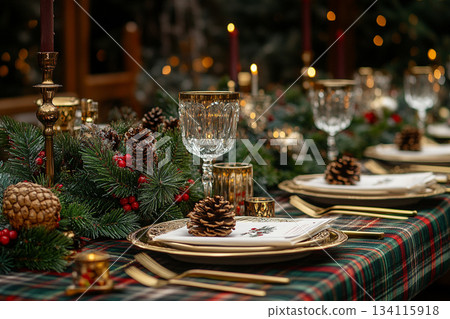 Ralph Lauren Style Christmas Table with Vintage Decor and Tools. AI Ralph Lauren Style Christmas Table with Vintage Decor and Tools. AI 134115918