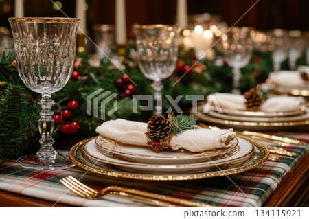 Ralph Lauren Style Christmas Table with Vintage Decor and Tools. AI 134115921