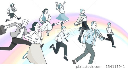 新創公司形象插畫 - 商務人士 - 懷抱美好未來的男女 - 彩虹背景插畫素材 134115941