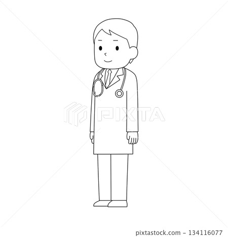 Male doctor standing diagonally, medical illustration (black and white line drawing) Male doctor standing diagonally, medical illustration (black and white line drawing) 134116077