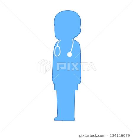 Male doctor standing diagonally, medical illustration (light blue silhouette and blue line) Male doctor standing diagonally, medical illustration (light blue silhouette and blue line) 134116079