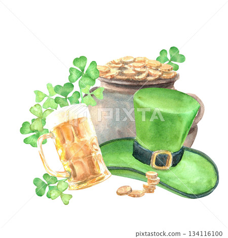Composition of hand-drawn watercolor traditional symbols of St. Patrick's Day celebration on isolated background for invitations, greeting cards, posters, banners, wrapping paper, fabric, stickers. 134116100