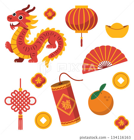 Traditional chinese new year items arranged in flat lay, including firecracker, fortune cookie, mandarin orange for holiday design Traditional chinese new year items arranged in flat lay, including firecracker, fortune cookie, mandarin orange for holiday design 134116163