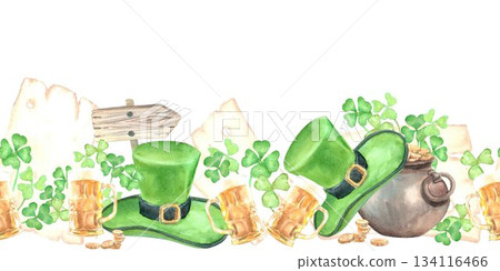 Seamless border of hand drawn watercolor traditional symbols of St. Patrick's Day celebration on isolated background for invitations, postcards, posters, banners, wrapping paper, fabric, stickers 134116466