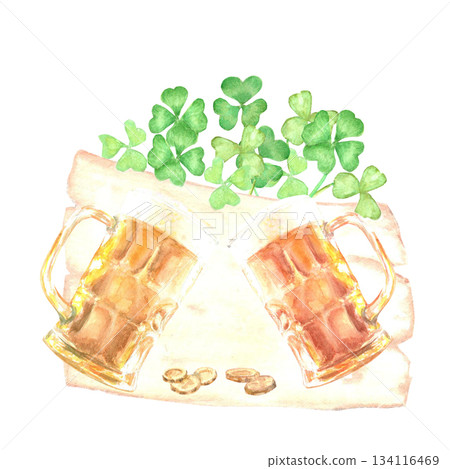 Composition of hand-drawn watercolor traditional symbols of St. Patrick's Day celebration on isolated background for invitations, greeting cards, posters, banners, wrapping paper, fabric, stickers Composition of hand-drawn watercolor traditional symbols of St. Patrick's Day celebration on isolated background for invitations, greeting cards, posters, banners, wrapping paper, fabric, stickers 134116469