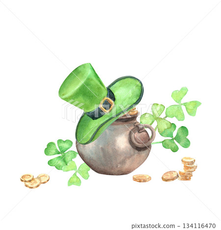 Composition of hand-drawn watercolor traditional symbols of St. Patrick's Day celebration on isolated background for invitations, greeting cards, posters, banners, wrapping paper, fabric, stickers. Composition of hand-drawn watercolor traditional symbols of St. Patrick's Day celebration on isolated background for invitations, greeting cards, posters, banners, wrapping paper, fabric, stickers. 134116470