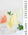 Glass of cold lemon water with mint garnish. 134116623