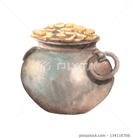 Hand drawn watercolor pot of gold for St. Patrick's Day celebration on isolated background, suitable for invitations, greeting cards, posters, banners, wrapping paper, fabric, stickers, decals, gifts. 134116708