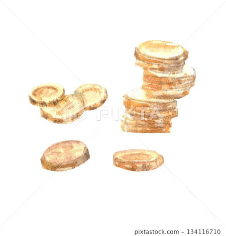 Set of hand drawn gold coins on isolated background for invitations, greeting cards, posters, banners, wrapping paper, fabric, stickers, transfers, gifts Set of hand drawn gold coins on isolated background for invitations, greeting cards, posters, banners, wrapping paper, fabric, stickers, transfers, gifts 134116710