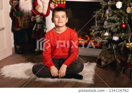 Boy smiling on cozy christmas evening by fireplace 134116762