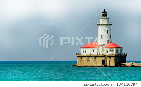 Lighthouse Over Calm waters and sky Lighthouse Over Calm waters and sky 134116794