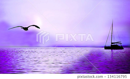 Bird flying over sailboat on purple calm ocean Bird flying over sailboat on purple calm ocean 134116795