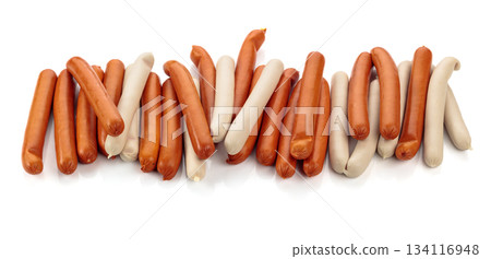 Various thin smoked sausages isolated on white. 134116948