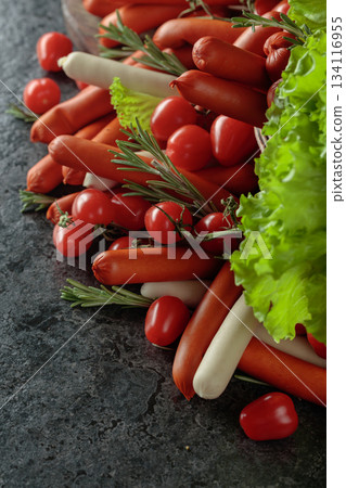 Various thin smoked sausages with salad, tomatoes, and rosemary. Various thin smoked sausages with salad, tomatoes, and rosemary. 134116955