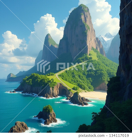 AI generated Idyllic marine view framed by steep rock faces and rich foliage vegetation 134117019