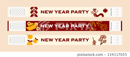 Chinese New Year celebration wristbands featuring lanterns, plum blossoms, dragon motifs and traditional festival elements. Red and gold party bracelet design 134117055