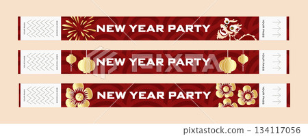 Set of Chinese New Year event wristbands with gold ornaments, traditional symbols, fireworks, lanterns and festive elements. Printable bracelet for Asian New Year party 134117056