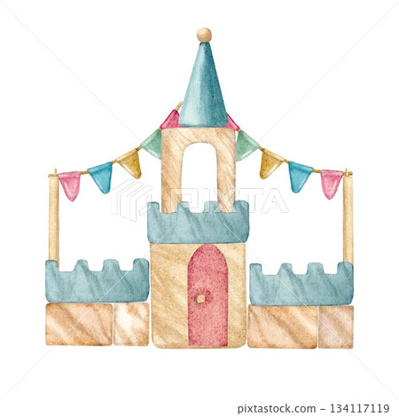Assembled from wooden blocks and hand-painted in watercolor on an isolated white background, the festive castle is suitable for creating compositions, decorating cards, invitations and gift wrapping. Assembled from wooden blocks and hand-painted in watercolor on an isolated white background, the festive castle is suitable for creating compositions, decorating cards, invitations and gift wrapping. 134117119