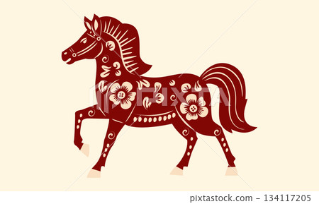 Traditional red Chinese horse illustration for Lunar New Year of the Horse, decorative zodiac animal design 134117205