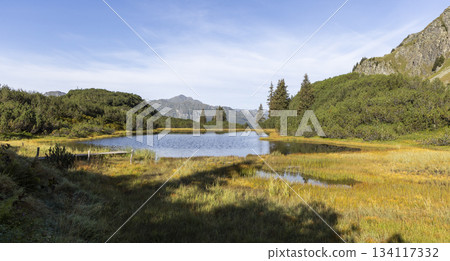 Visit Lake Wiegensee at Gaschurn in Montafon Vorarlberg Austria during clear weather in early autumn with mountain views and green surroundings Visit Lake Wiegensee at Gaschurn in Montafon Vorarlberg Austria during clear weather in early autumn with mountain views and green surroundings 134117332