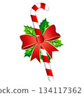 Christmas candy cane with red bow and Christmas holly 134117362