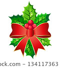 Christmas holly berries and leaves and a beautiful red bow 134117363