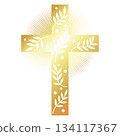 Golden Christian cross with branches and radiance 134117367