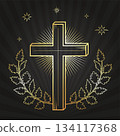Golden Christian cross with branches, rays of radiance and stars 134117368