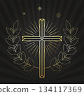 Golden Christian cross with branches, wreath, rays of radiance and stars 134117369