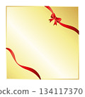 Golden square banner sticker with beautiful red bow and ribbon 134117370