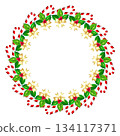 Round wreath frame made of candy cane, pretty bow and Christmas holly 134117371