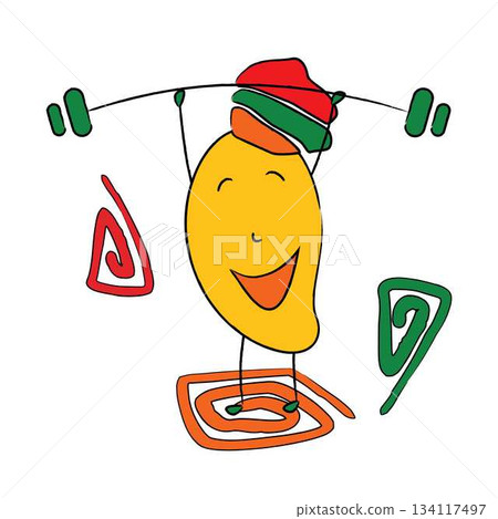 Playful mango mascot lifts weights 134117497