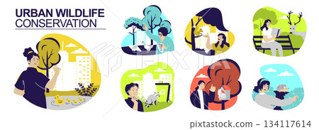 Urban wildlife conservation concept set for web design. Collection with people supporting squirrels, raccoons, deers, hedgehog in city ecosystem, feeding ducks and other birds. Vector illustration. 134117614