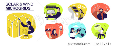Solar and wind microgrids concept set for web design. Collection with people using wind turbines and solar panels at house rooftop or car, renewable power generation home system. Vector illustration. 134117617
