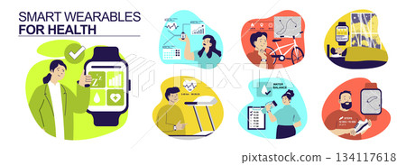 Smart wearables for health concept set for web design. Collection with people using wristwatch with data trackers for pulse, running, cycling, route tracking, water balance. Vector illustration. Smart wearables for health concept set for web design. Collection with people using wristwatch with data trackers for pulse, running, cycling, route tracking, water balance. Vector illustration. 134117618