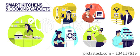Smart kitchens and Cooking gadgets concept set for web design. Collection with people using wifi appliance, thermometer, egg cooker, freezer, blender, coffee machine, other. Vector illustration. Smart kitchens and Cooking gadgets concept set for web design. Collection with people using wifi appliance, thermometer, egg cooker, freezer, blender, coffee machine, other. Vector illustration. 134117619
