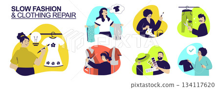 Slow fashion and Clothing repair concept set for web design. Collection with people choosing eco friendly clothes, upcycling fabric and sewing apparels, reusing and recycling. Vector illustration. Slow fashion and Clothing repair concept set for web design. Collection with people choosing eco friendly clothes, upcycling fabric and sewing apparels, reusing and recycling. Vector illustration. 134117620