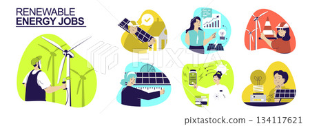 Renewable energy jobs concept set for web design. Collection with people working as technicians at wind turbines or solar panels stations, engineers analyzing energy sources data. Vector illustration. Renewable energy jobs concept set for web design. Collection with people working as technicians at wind turbines or solar panels stations, engineers analyzing energy sources data. Vector illustration. 134117621