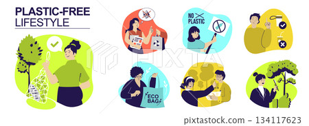 Plastic-free lifestyle concept set for web design. Collection with people using string shopping bags, paper packages, reusing coffee cups and straws without plastic, zero waste. Vector illustration. 134117623