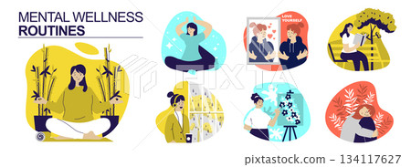 Mental wellness routines concept set for web design. Collection with people meditating, making mindfulness, practice yoga asanas, self acceptance, love yourself, doing hobby. Vector illustration. Mental wellness routines concept set for web design. Collection with people meditating, making mindfulness, practice yoga asanas, self acceptance, love yourself, doing hobby. Vector illustration. 134117627