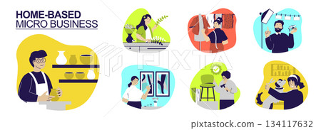 Home-based micro business concept set for web design. Collection with people work as potter, florist, artist, photographer, sewing clothing, furniture repair and dog grooming. Vector illustration. Home-based micro business concept set for web design. Collection with people work as potter, florist, artist, photographer, sewing clothing, furniture repair and dog grooming. Vector illustration. 134117632