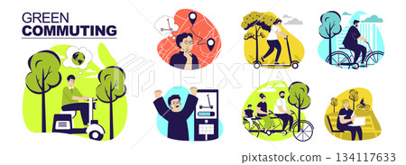 Green commuting concept set for web design. Collection with people riding electric scooters for urban transportation to work, cycling bicycles, planning routes with charge stops. Vector illustration. 134117633