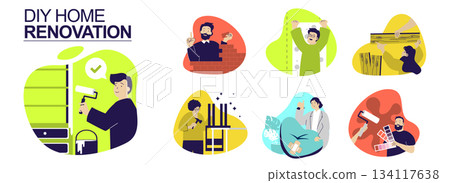 DIY home renovation concept set for web design. Collection with people painting walls, bricklaying, planking, choosing colours for wallpapers, constructing furniture and repair. Vector illustration. 134117638