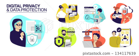 Digital privacy and Data protection concept set for web design. Collection with people using safety access with passwords, protecting personal information from hackers attacks. Vector illustration. Digital privacy and Data protection concept set for web design. Collection with people using safety access with passwords, protecting personal information from hackers attacks. Vector illustration. 134117639