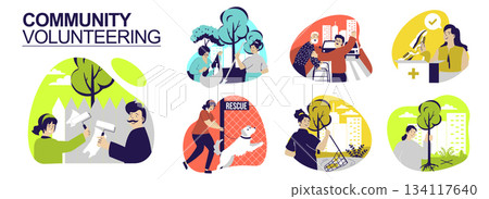 Community volunteering concept set for web design. Collection with people painting fence, collect trash, help elderly man cross road, adopting dog, donate clothing, plant trees. Vector illustration. 134117640