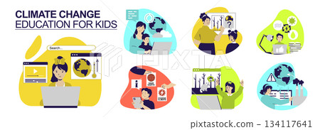 Climate change education for kids concept set for web design. Collection with people learning children eco awareness, boys and girls searching online and watching ecology video. Vector illustration. Climate change education for kids concept set for web design. Collection with people learning children eco awareness, boys and girls searching online and watching ecology video. Vector illustration. 134117641